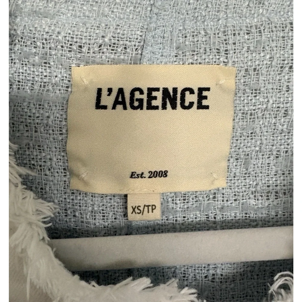 L'AGENCE Agnes Tweed Denim Jacket XS Ice Blue White $525 Quiet Luxury